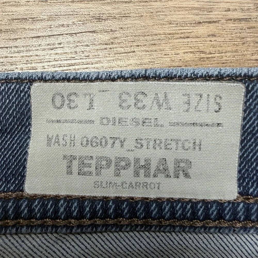 Diesel Tepphar Jeans Men 33x26 Blue Slim Carrot Stretch Dark Wash Distress 0607Y